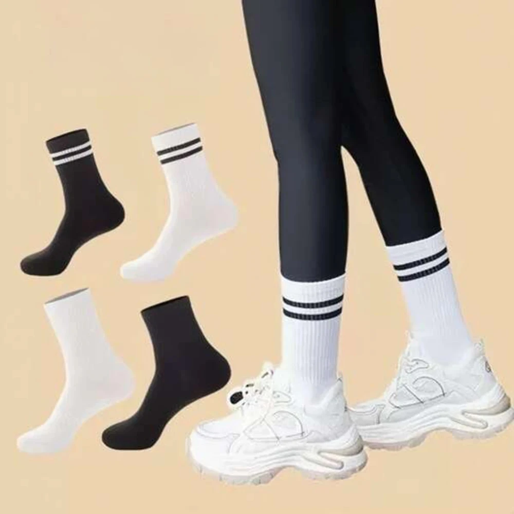 

4 Pairs Versatile Women's Socks Simplicity Parallel Bar Pattern Fashion Breathable Autumn High Quality Women's Mid Length Socks