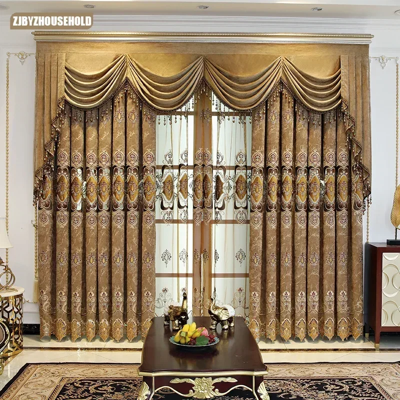 Customized European Style Hollowed Out Water Soluble Embroidery Luxurious Curtains for Living Dining Room Bedroom Villa Chenille