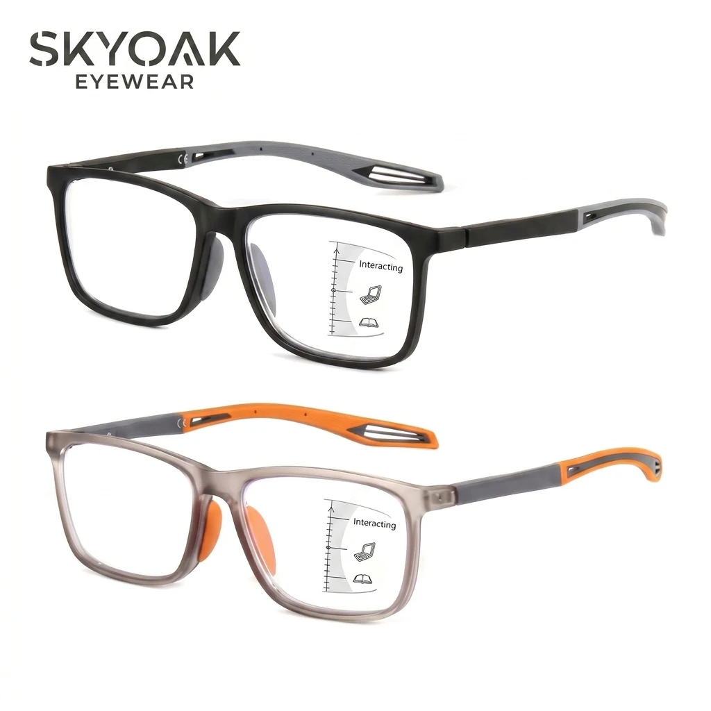 SKYOAK 2 Pack Progressive Multifocus Reading Glasses Men, TR90 Sporty Frame, Spring Hinge, Blue Light UV No-Line Readers