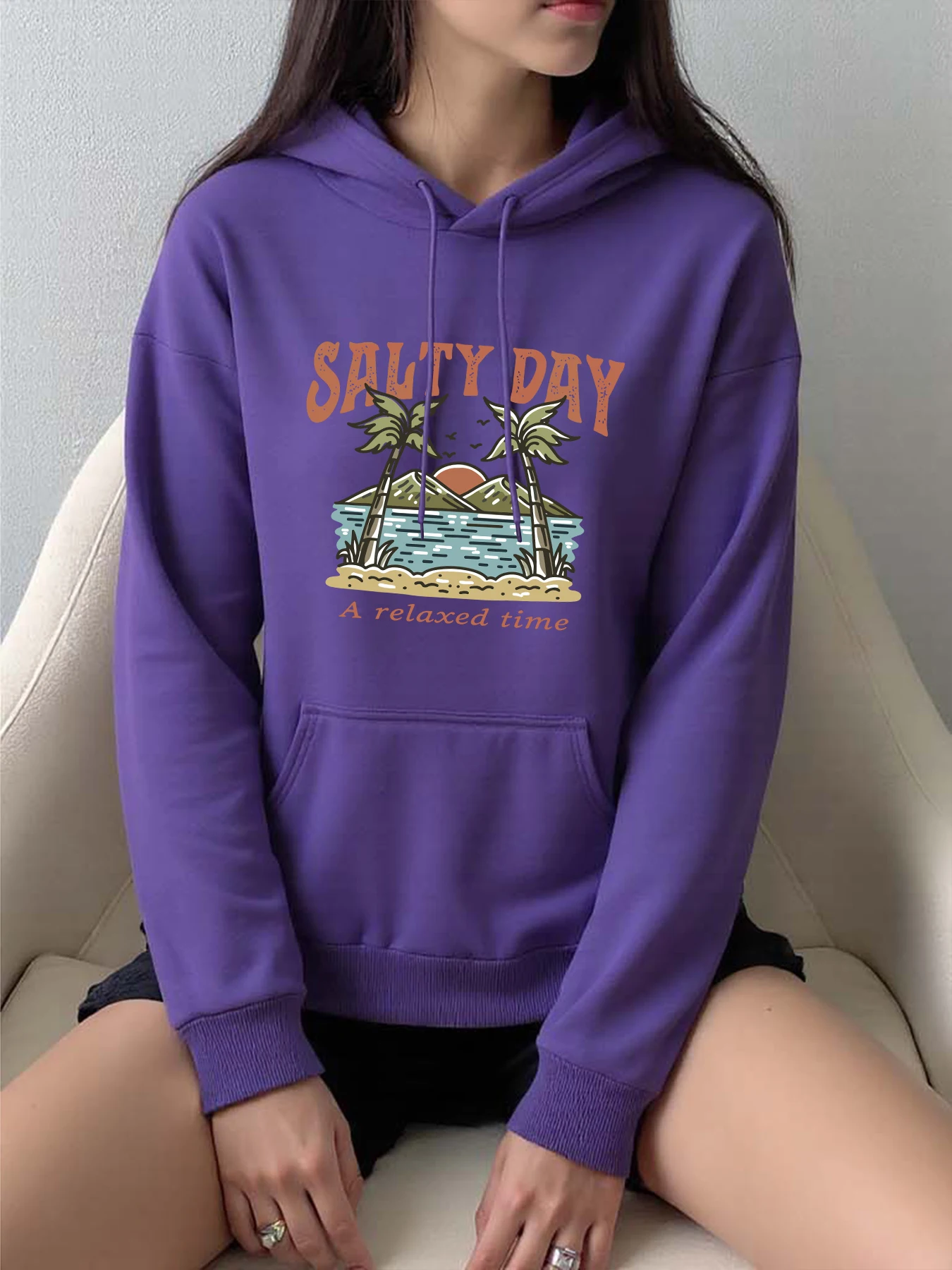 

Salty Day A Relax Time Кокосовая пальма Пляжные толстовки с узором Женские свободные толстовки в стиле хип-хоп Модная флисовая одежда Пуловеры с карманами Y2K