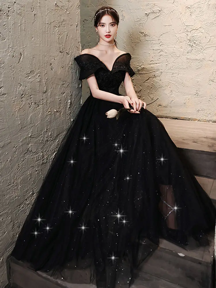 Black Evening Dress High-end Banquet Skirt Light Luxury Suit Student Ceremony Dress Black Dress New Host Sexy Strapless Dress