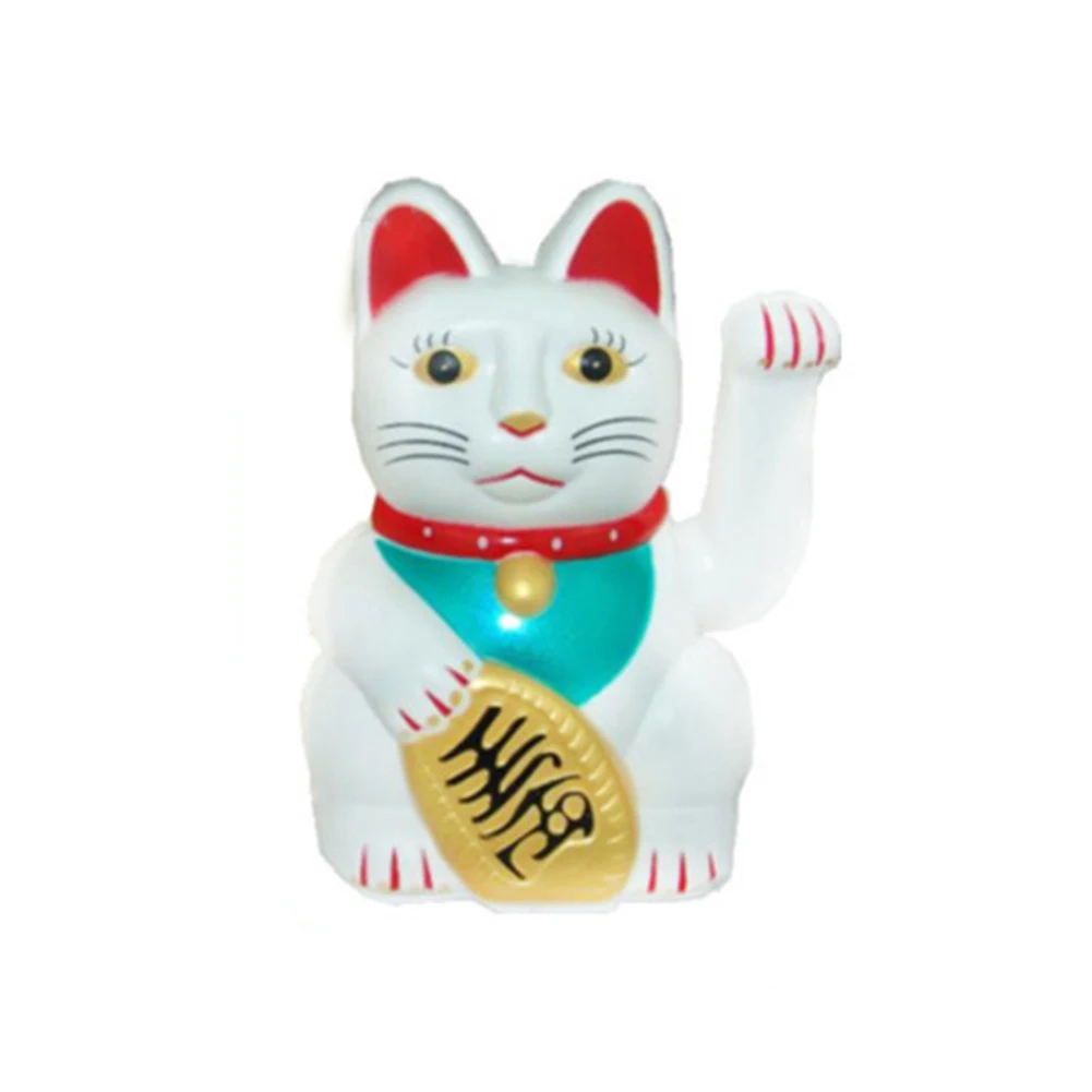 Maneki Neko Lucky Cat Solar Powered Gold Tone with Green Bib Bell and Golden Base for Office Living Room or Counter