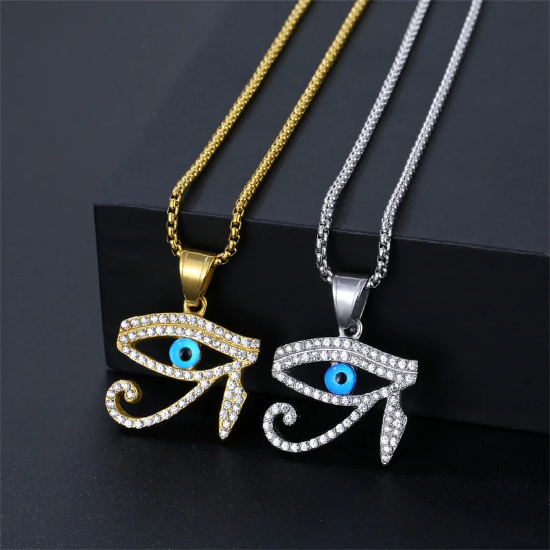 Ancient Egypt Iced Out Eye of Horus Pendant Gold Silver Color Stainless Steel Zirconia Necklace for Man Woman Egyptian Jewelry