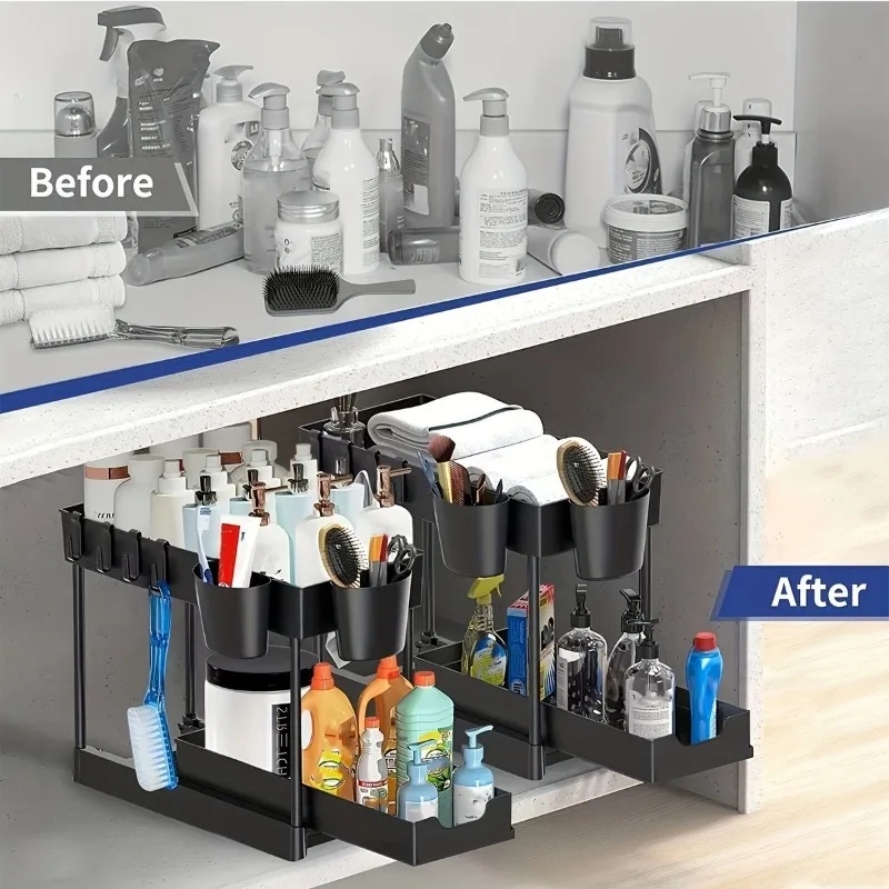 2 Tier Under Sink Storage Rack Single Pull-out Sliding Cabinet Basket with Hooks Hanging Cup Drawer Bathroom Kitchen Organizer