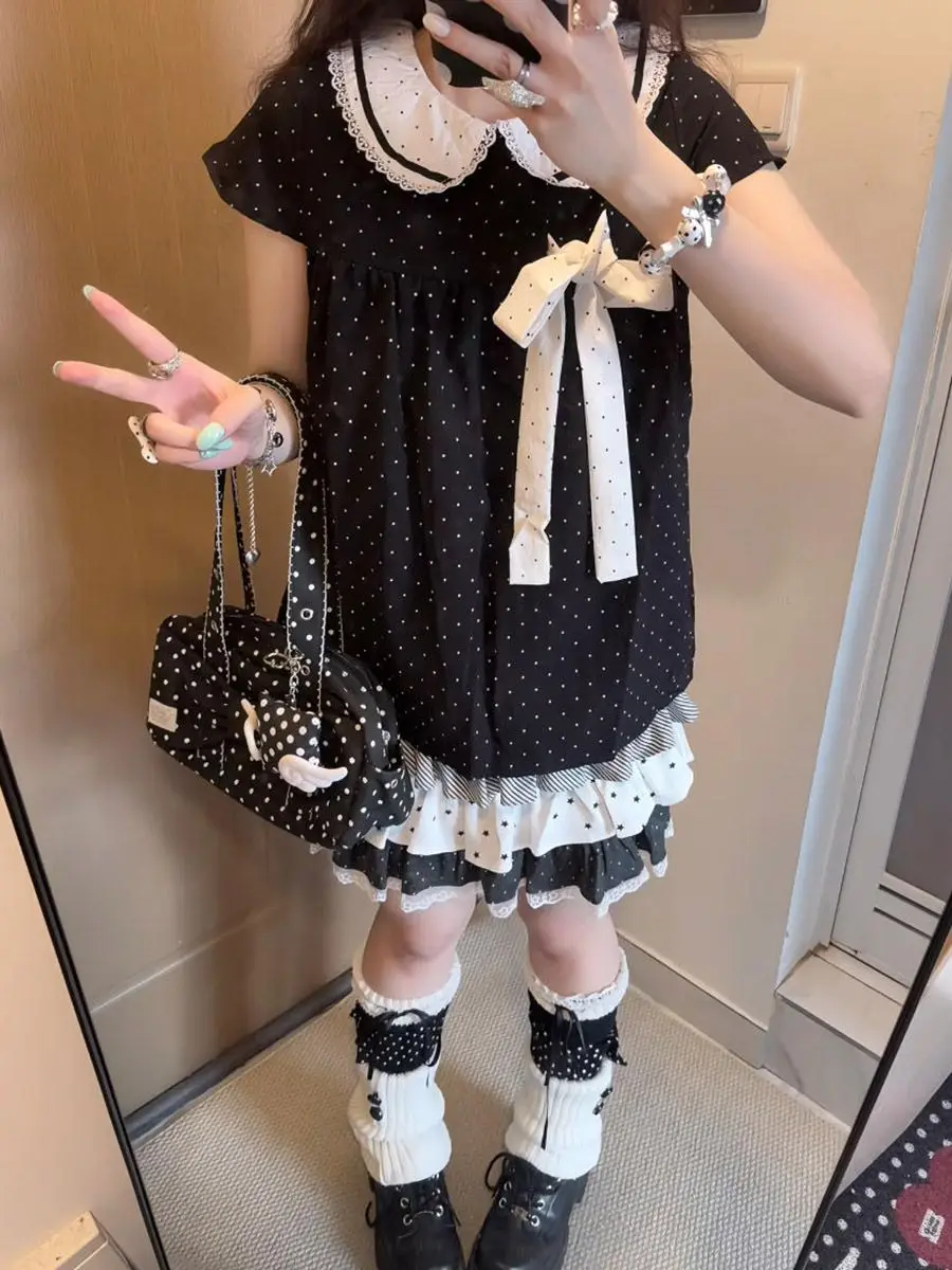 Y2K Kawaii Japanese Polka Dot 2 Piece Set Women Doll Collar Short Sleeve Bow Lace Trim Ruffle Cake Skirt Loose Fit Dress Casual view 5