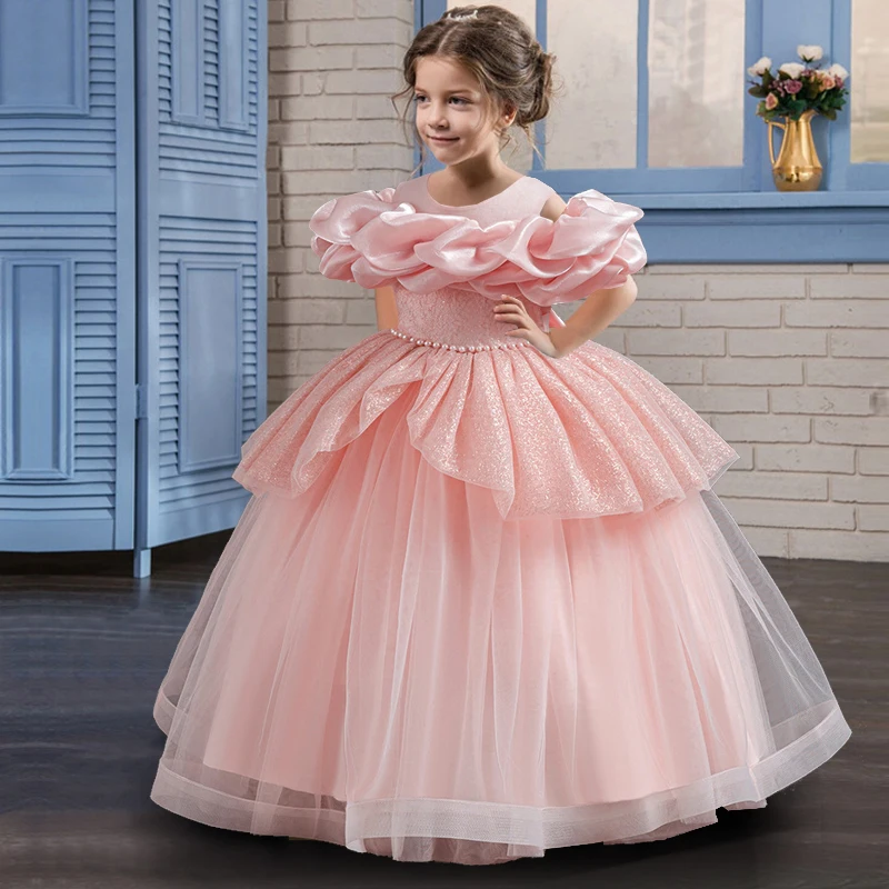 Girl\'s pearl sequin princess dress 4-10 years old fashionable one shoulder fluffy skirt Birthday wedding flower girl performance