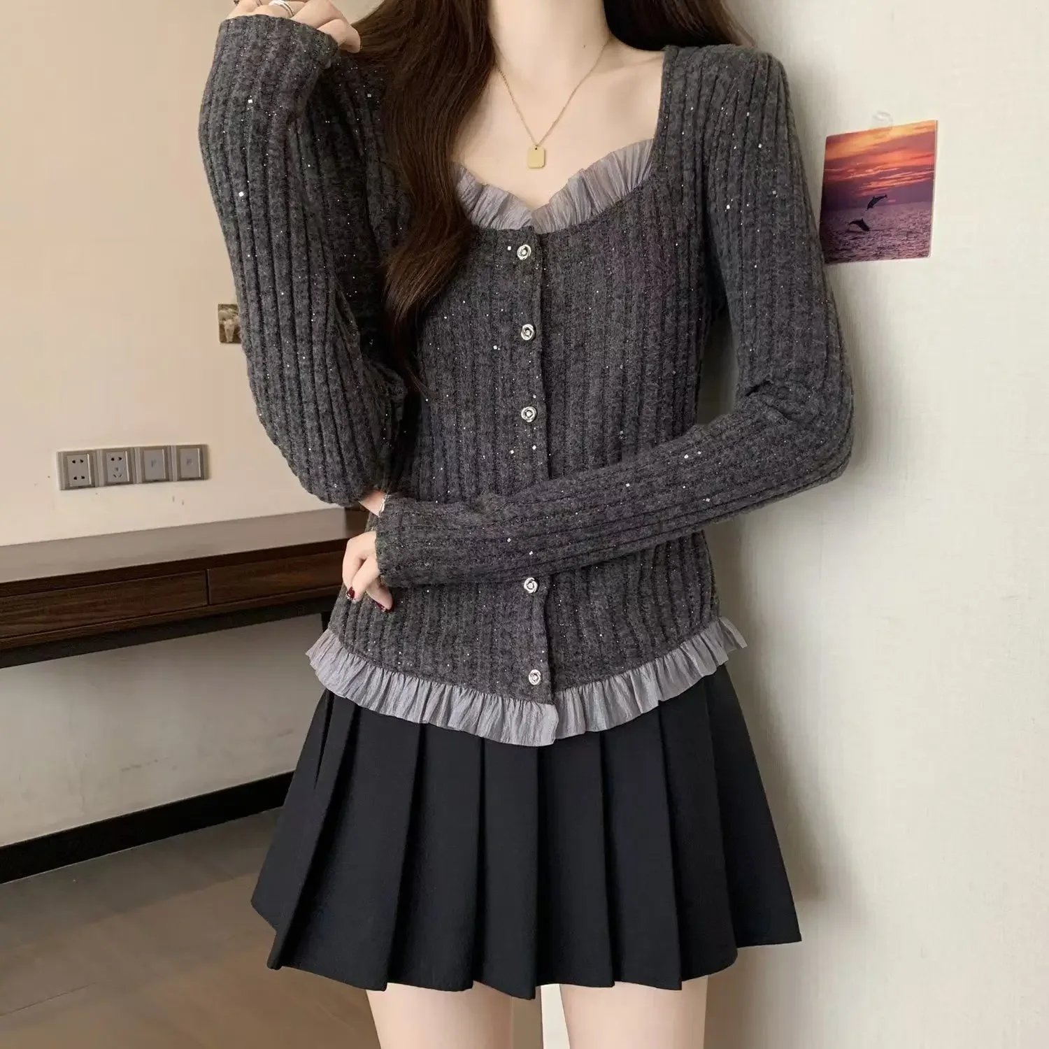 High-grade lace stitching fake two knitted base shirt women's large size sweet and spicy chic frosted warm long sleeve top