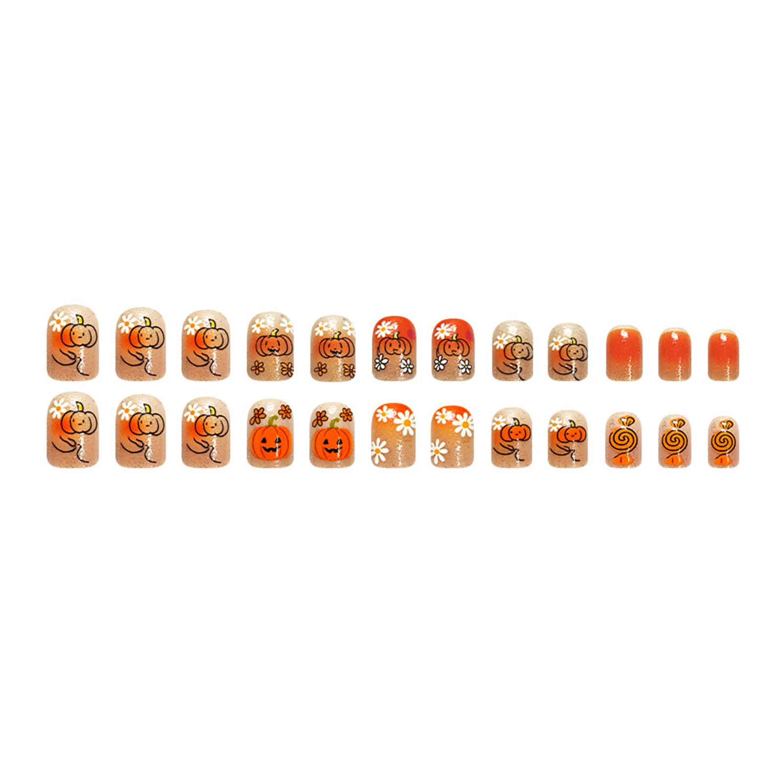 Reusable Press on Nails Orange Glittery for Halloween Party Cute Pumpkin Daisy Resin Fake Nails Short Square Fall Design - view 6
