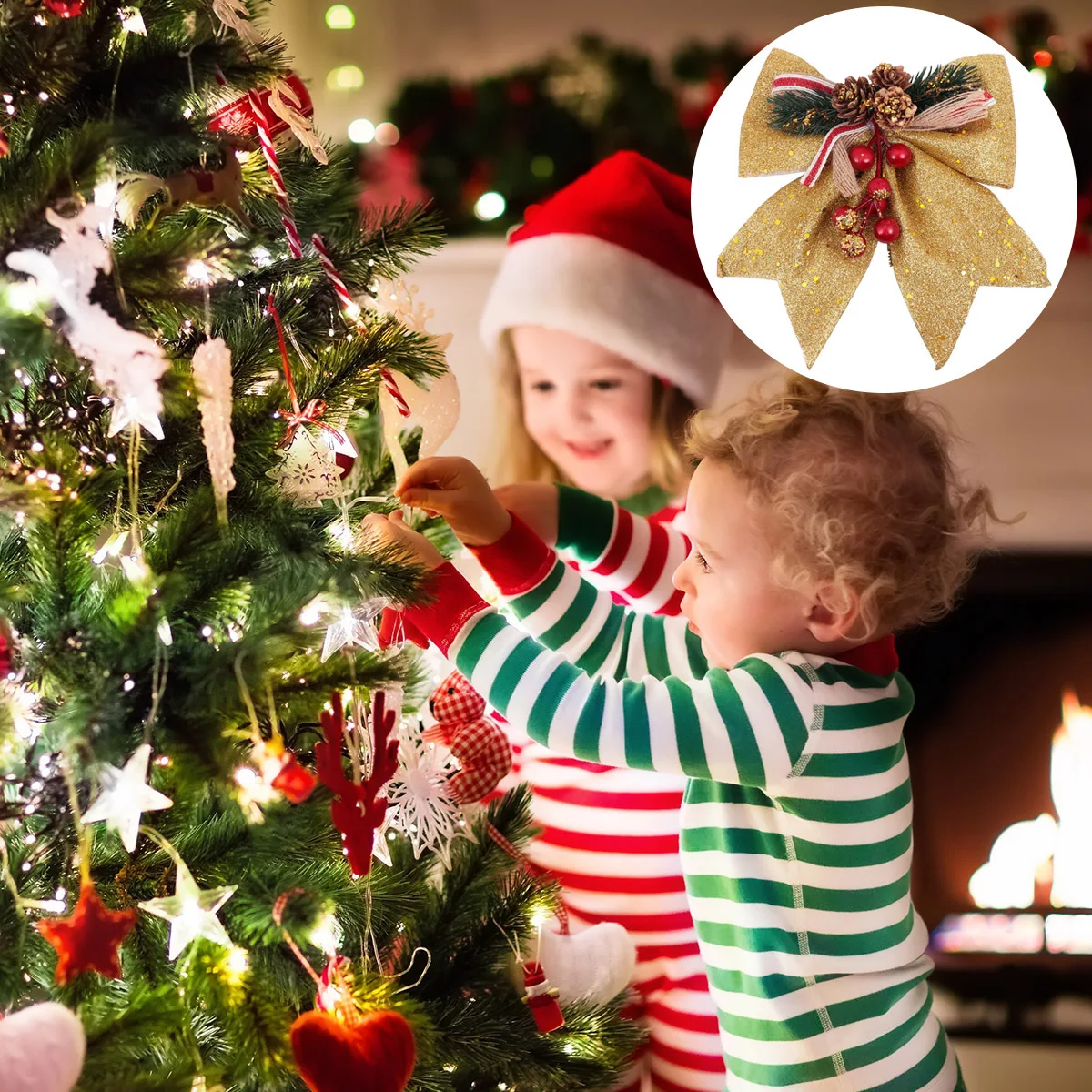 

4pcs Christmas Tree Hangings Glitter Pine Cone Bows Decor Ornaments For Holiday Party Decoration Home Xmas Tree Wreath Rattan