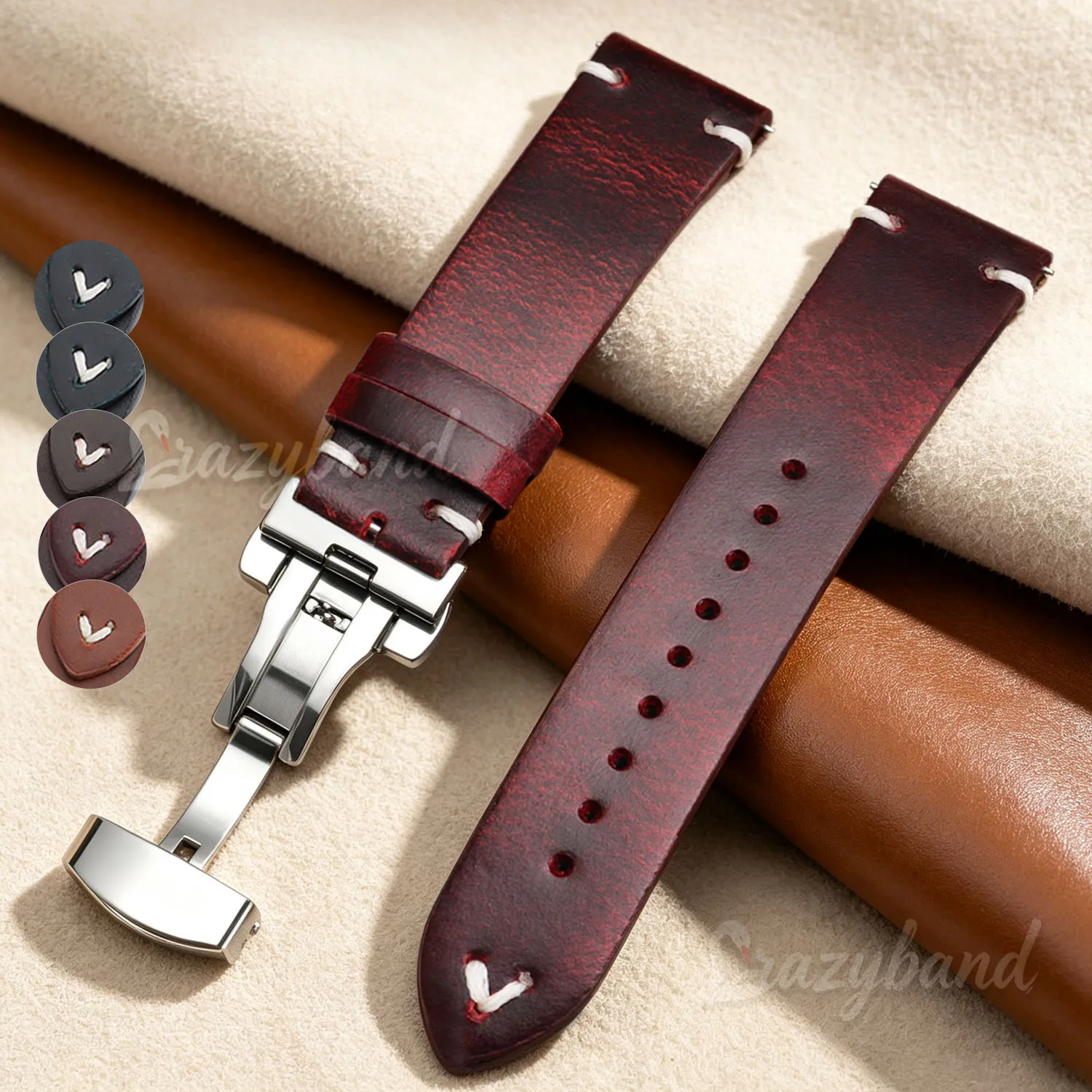 18mm 20mm 22mm Bracelet for Seiko Oil Wax Leather Watch Band for Omega Men Women Butterfly Buckle Stitching Cowhide Strap Brown
