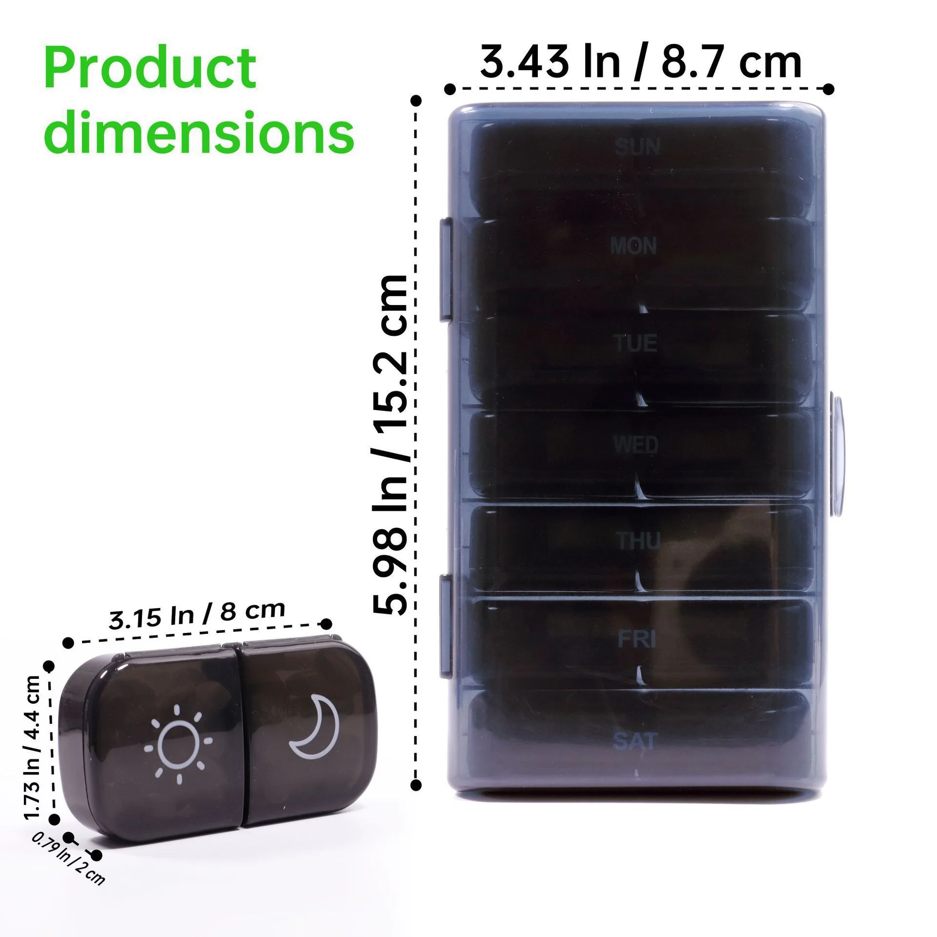 Wöchentlicher Pillenorganizer für 2-mal-tägliche Einnahme, 7-Tage-Pillenbox mit großen Öffnungen auf einer Seite, schwarzer Pillenbehälter mit Sichtschutz für AM/PM – Detail 5