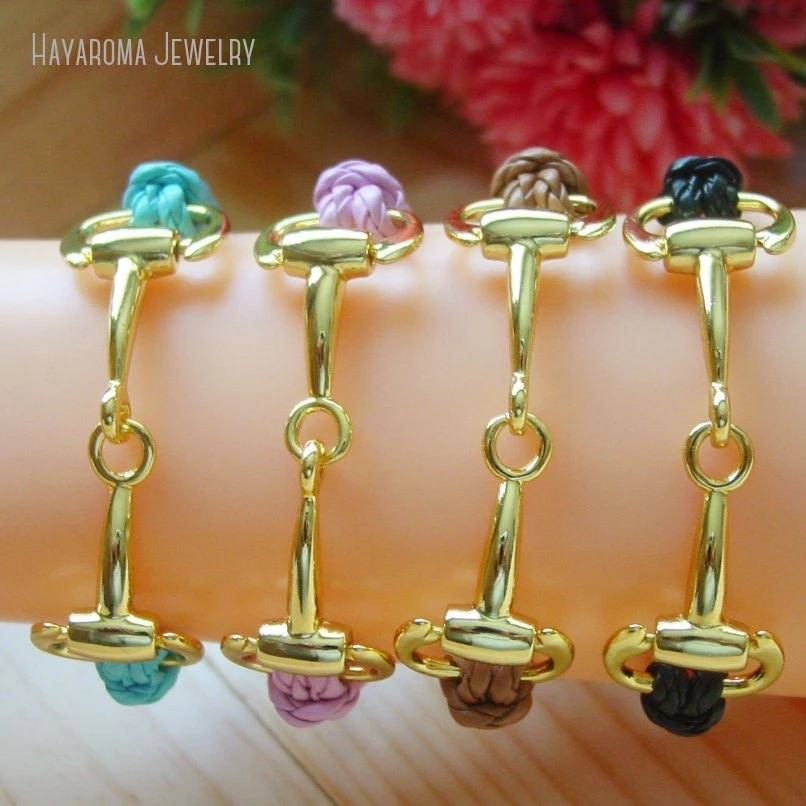 

10Pcs K Gold Color Horse Bit Equestrian Bracelet Women Snaffle Cyclone Braided Leather Jewelry