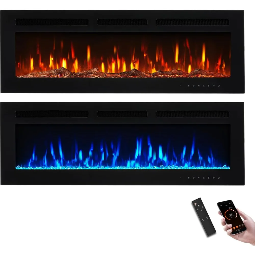 مدفأة كهربائية ذكية مثبتة على الحائط مقاس 50 بوصة من تشانينغ برو، 12 لونًا من اللهب والجمرة، 5 سطوع، سخان 1500 وات،
