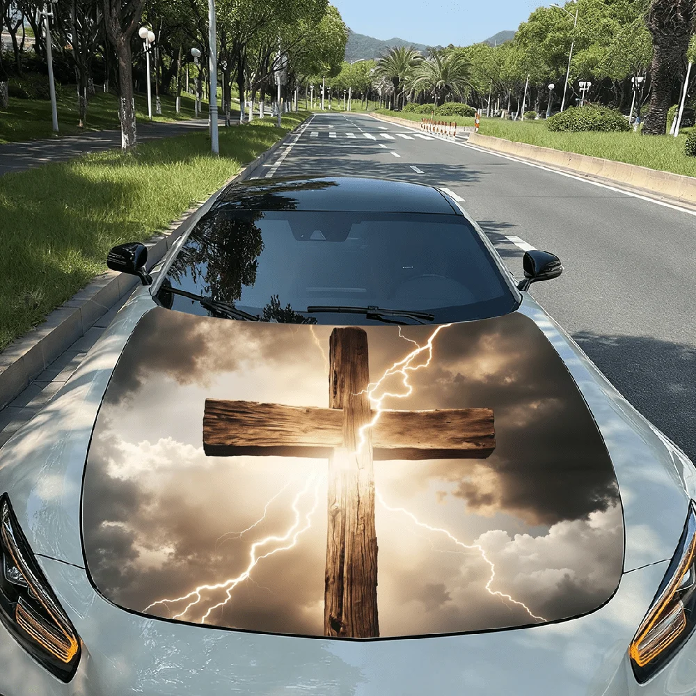 

Wooden cross with a lightning bolt coming out of it car hood sticker premium vinyl sticker for automotive durable pvc vinyl wrap