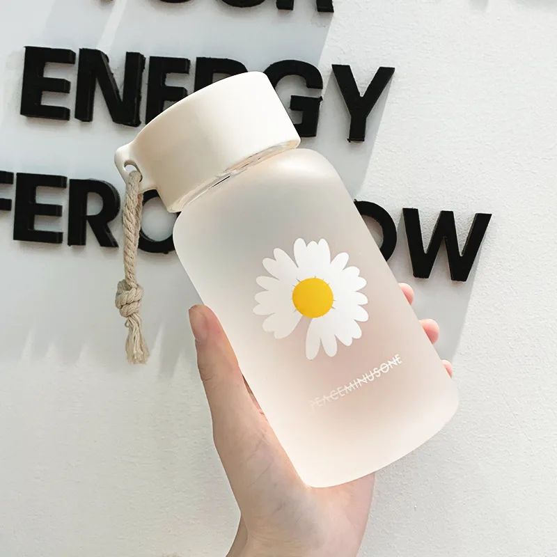 500ml Plastic Straw Cup Cute Daisy Flower Bear Cup Transparent Water Bottles Cartoon Drinkware Frosted Leak-proof Cup