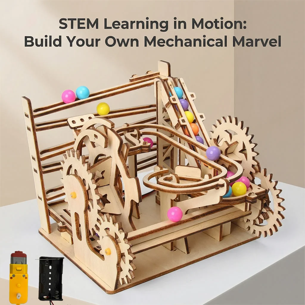 

Track ball wooden jigsaw puzzle 3d model, handcrafted scientific experiment small make, assembly, educational toy gift