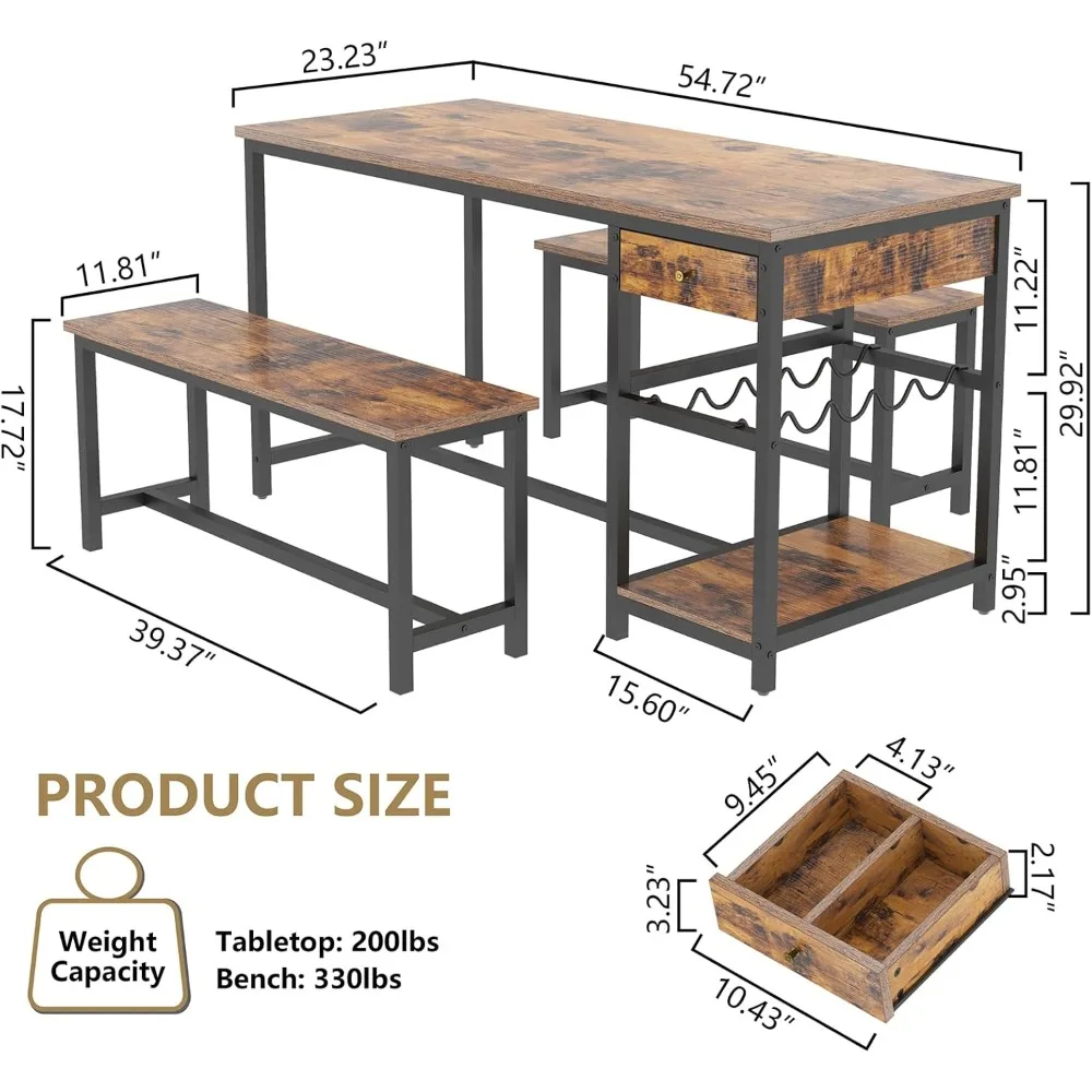 4-6 Persoons Eettafelset, 54.7-Inch Keuken Eettafel, Eettafel Set Met Opbergladen En Planken