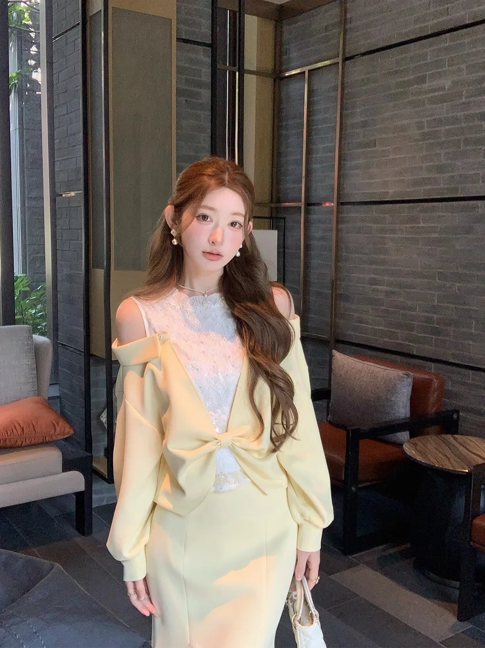 

NMIOK Yellow Versatile Knot Autumn Top And f Skirt Set Women's Faionable Two-Piece Suit Long Sve round Ne