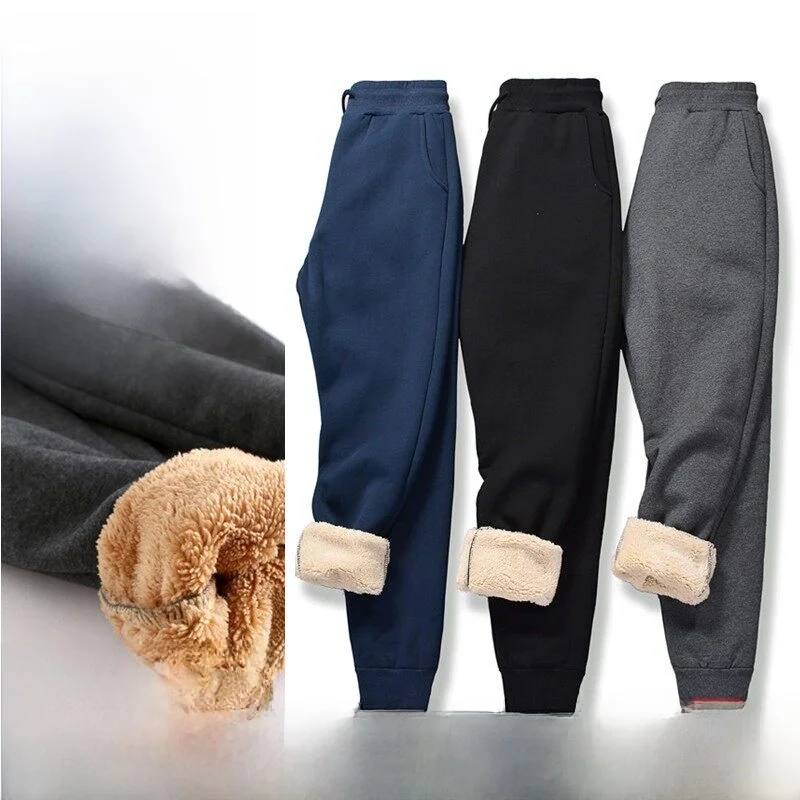 

Thiened Fce Winter Men's Casual Trousers Elastic Waist Sports Pure Color Long Pants Warm Trendy Youth Straight Leg Pants