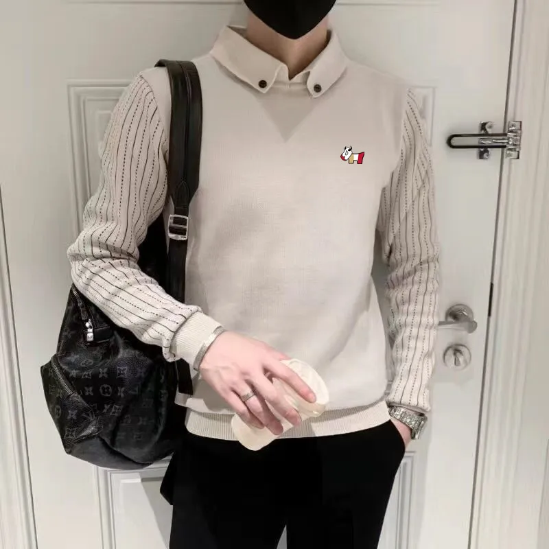 블라우스 Luxury Brand Golf Knit Men's Golf Wear 2024 Autumn Winter New Polo Shirt Fashion Fake Two Items Golf Top Men's Golf Apparel