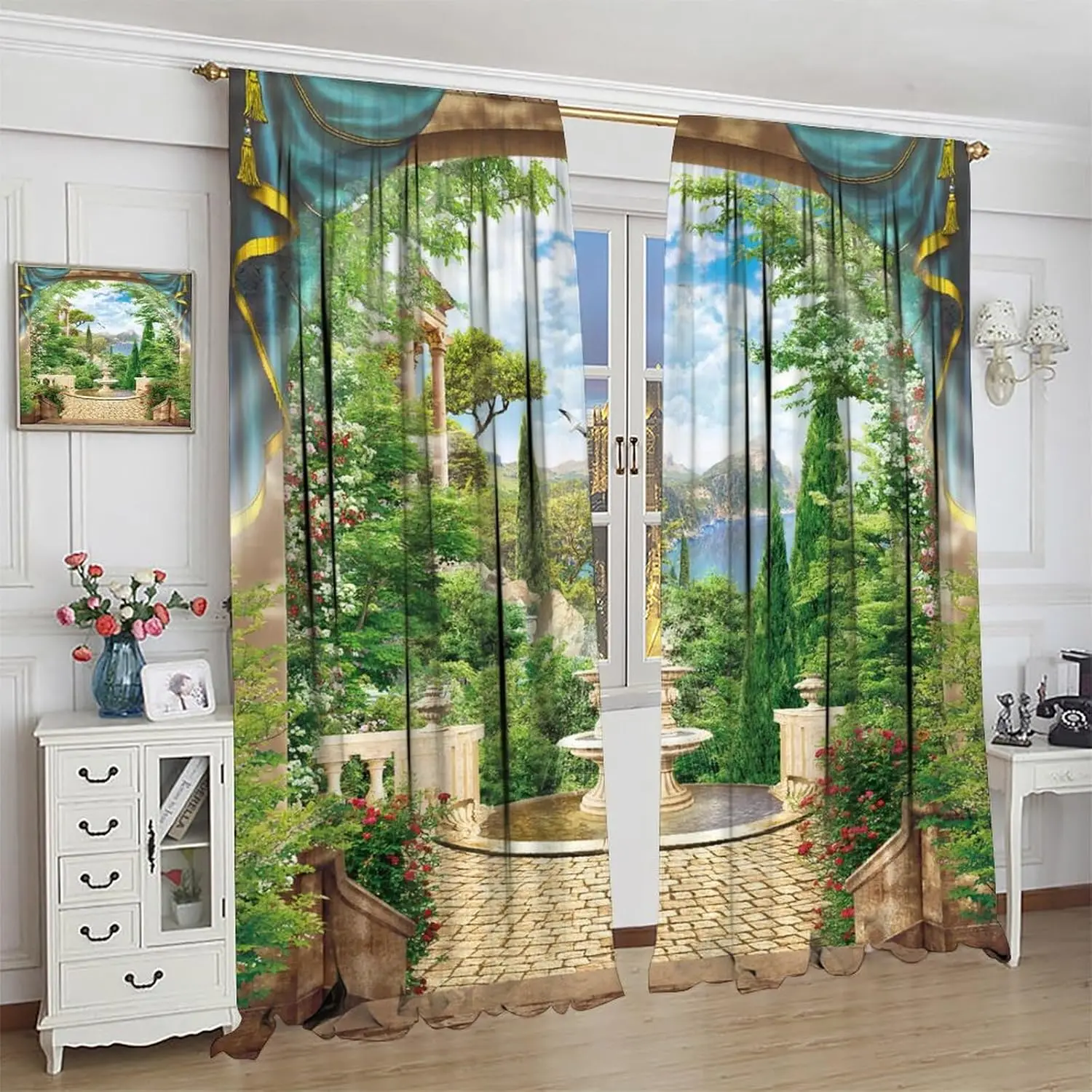 Tropical Island Curtains, Beach Palm Tree Landscape Summer Tropical View from Balcony, Bedroom Living Room Blackout Curtains