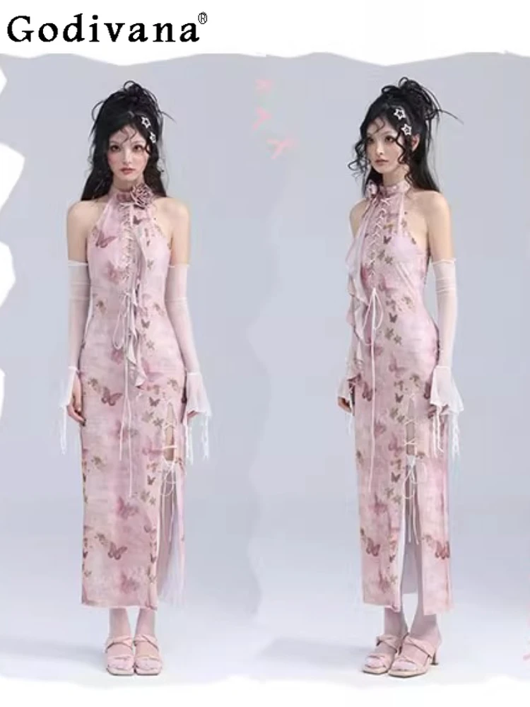 

Elegant Pink Butterfly Print Lace-up Long Halter Neck Split Cheongsam Dress Summer New Sexy Slim Fashion Sleeveless Long Dresses