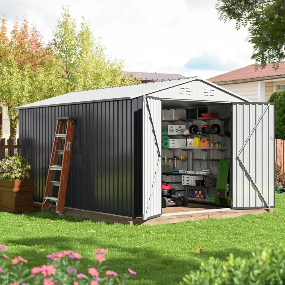 

8x12 FT Outdoor Storage Shed, Garden Shed with Updated Frame Structure and Lockable Doors, Metal Tool Sheds for Backyard Garden