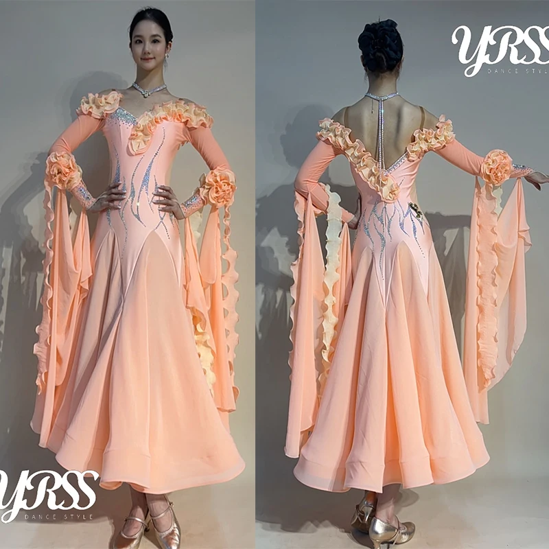 2026 Waltz Dance Competition Dress Women Ballroom Dance Long Sleeves Rhiestone Long Dress Prom Performance Clothing DressBL20193