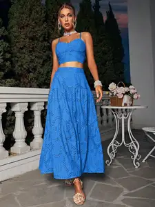 Blue Eyelet Crop Top and Maxi Skirt Matching Set with Ruffle Hem, Summer Boho Two Piece Outfit