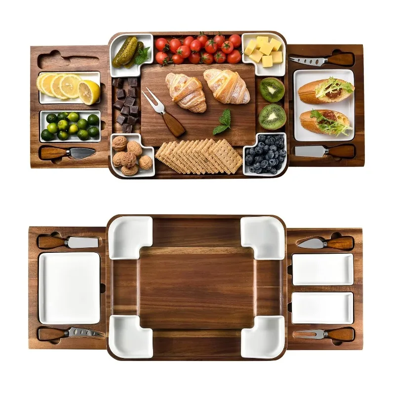 

Acacia Cheese Board Set Square Ceramic Cutlery Home Kitchen - Deli Board Cheese Platter