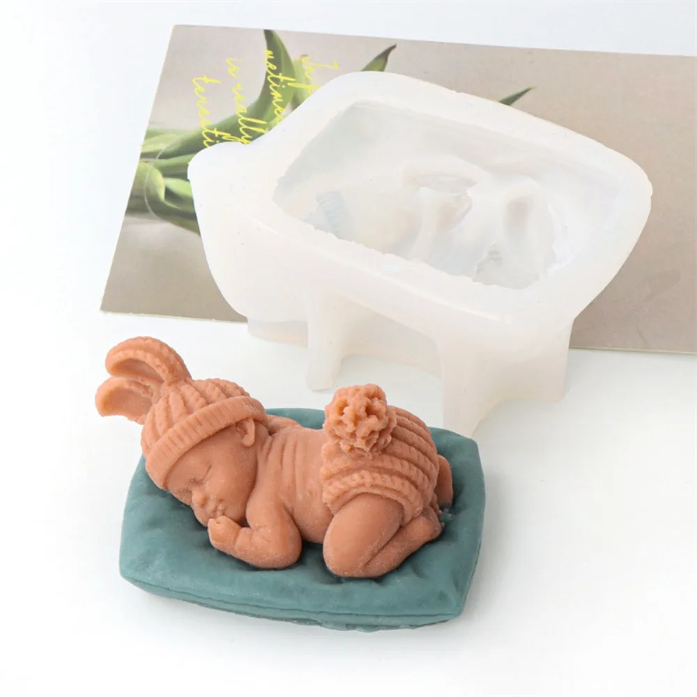 Lovely Sleeping Rabbit Baby Plaster Doll Silicone Molds Long Ears Bunny Cupid Candle Resin Making Baby Room Decor Birthday Gifts