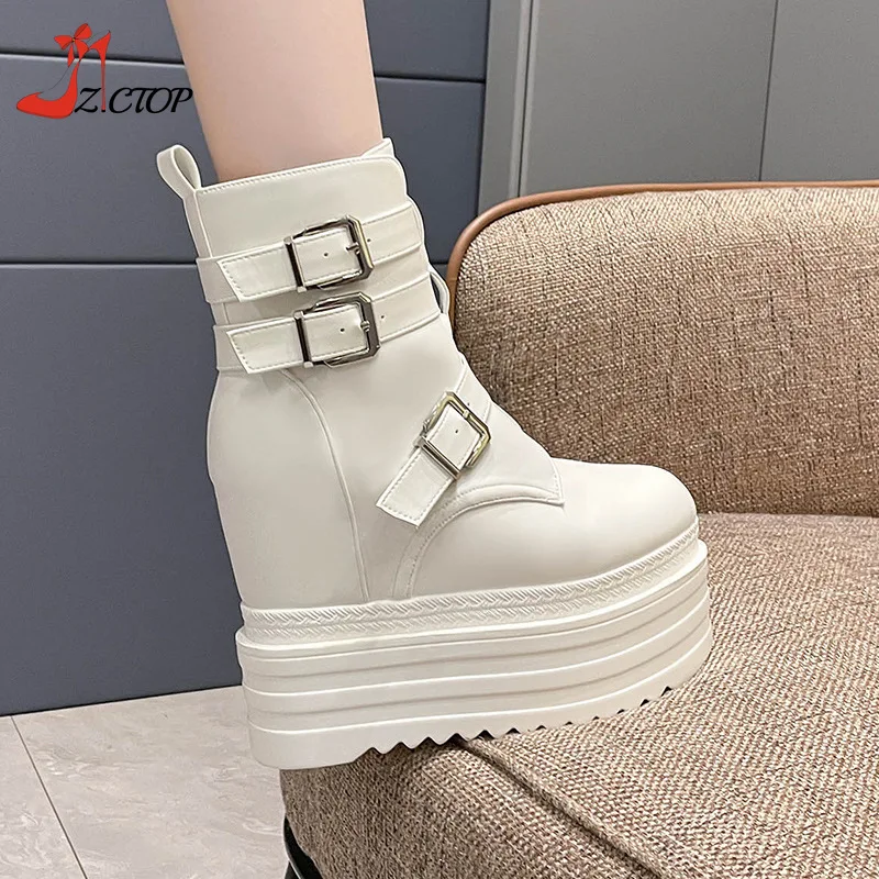 

13cm Women Platform Boots Fashion Autumn Winter Wedge High Heel Ankle Boots Zipper Height Increase Shoes Black White