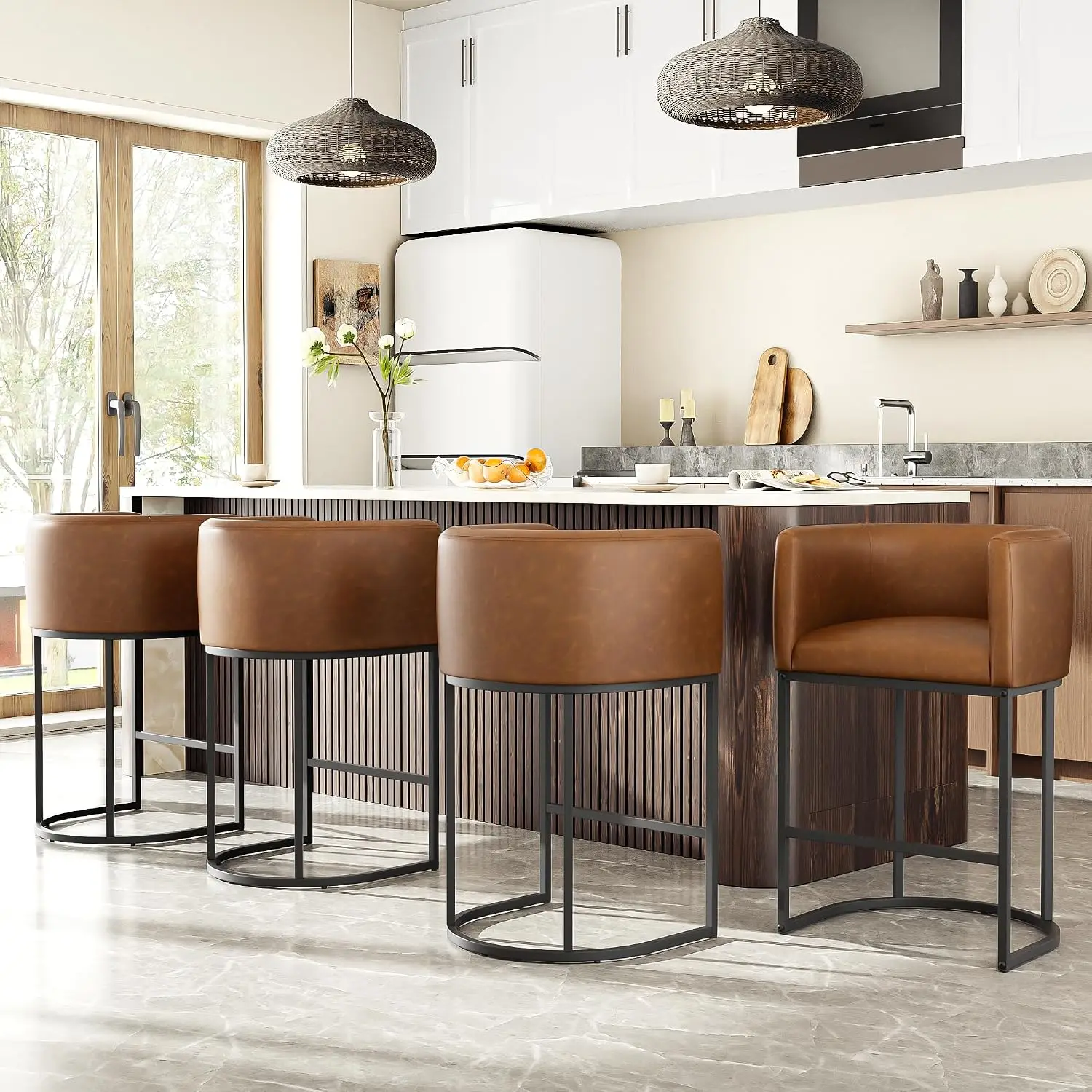 26" H Counter Height Bar Stools Set of 2, Modern Barrel Counter Stools with Backrest and Arms, Faux Leather Upholstered Accent B view 6