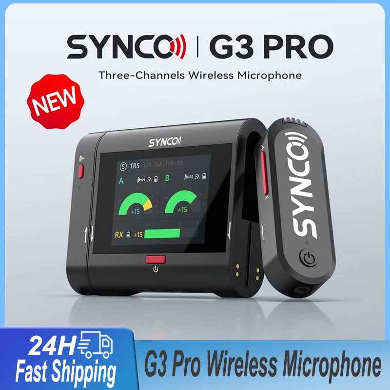 SYNCO G3 Pro 2.4GHz 3 Channels Wireless Microphone with Touch Screen 200m Range Lossless Audio for Camera/iPhone/Live Streaming