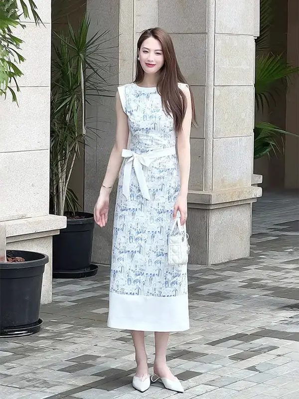 

Ele Faionable Blue And White Porcelain round Ne Svel Dr High Waist Slimming Long Dr Trendy Women's Dr