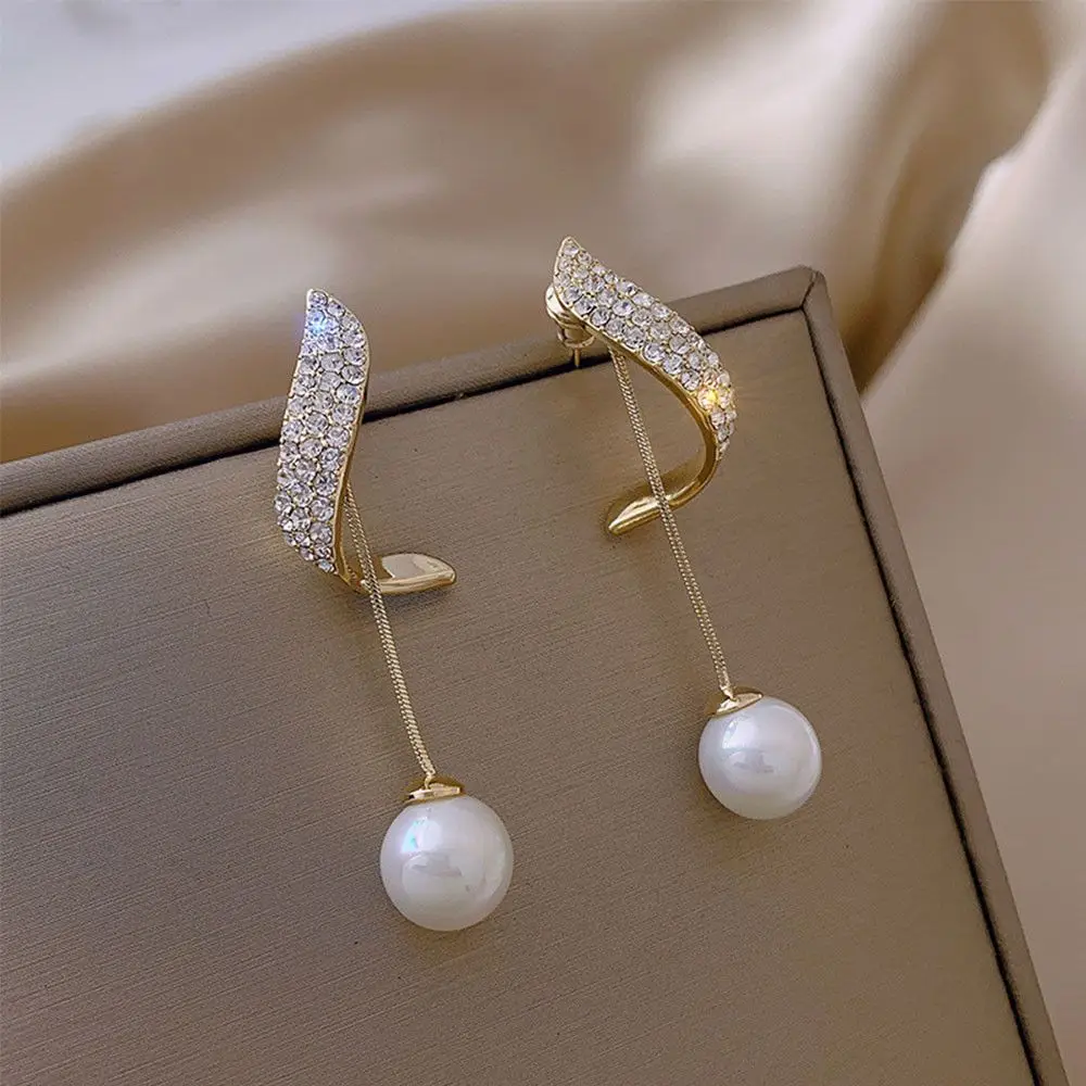 Korean Women Dangler Pearl Crystal Jewelry Gift Tassel Drop Dangle Earrings Studs