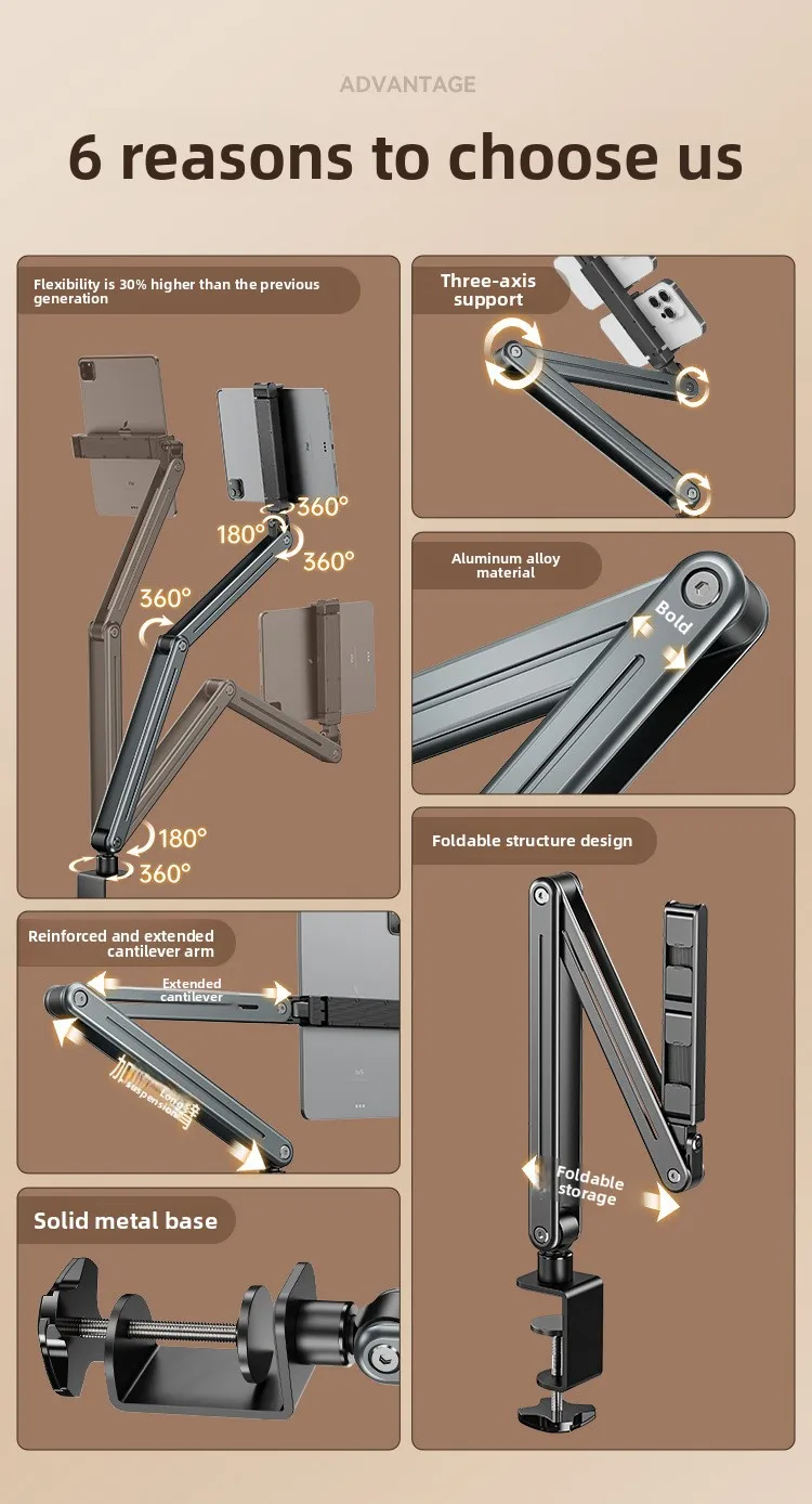 Faltbarer Aluminium-Legierung Tischständer 360° ° Drehbarer Halter für Handy und Tablet, Live-Streaming, Videoaufnahmen, Overhead-Aufnahmen – Detail 4