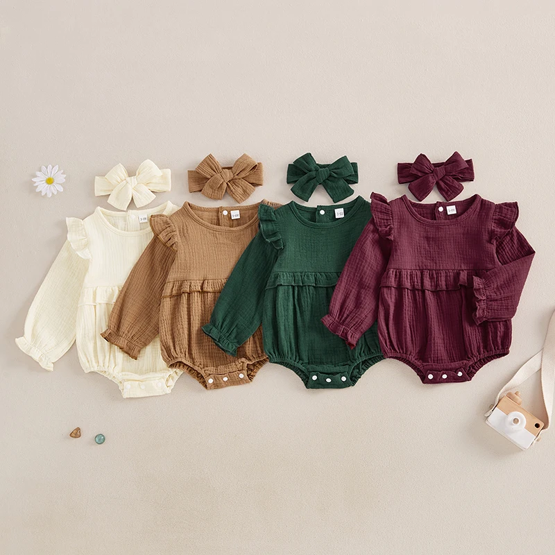 Newborn Infant Baby Girl Clothes Cotton Linen Long Sleeve Smocked Bubble Romper Ruffle Bodysuit Jumpsuit Fall Outfit