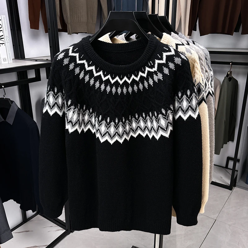 Men's American Lazy Style Knit Sweater Designer Original Fair Isle Jacquard Crewneck Soft Warm Cozy Casual Autumn Winter Men's
