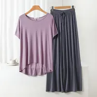 Summer Modal 2pcs homewear sets Loose O Neck T-shirt short sleeves and Wide leg pants Casual Thin sleepwear suit Plus size - Image 5