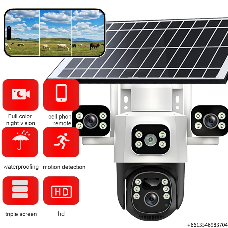 Eseecloud 3 Lens Solar Camera CMOS HD 30MP 4G Outdoor-Battery  Recording AI Tracking Motion Detection Night Vision Cloud 1 Year