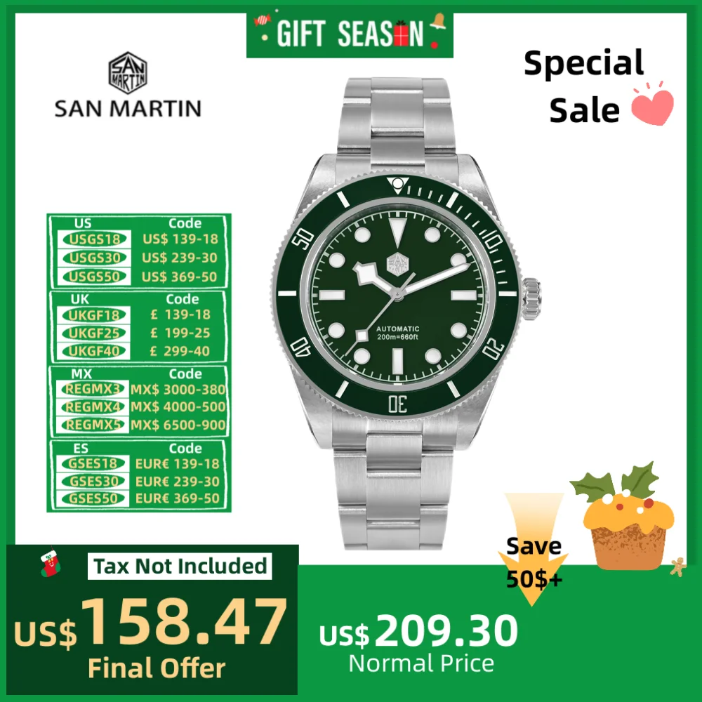 San Martin 40mm NH35 Wristwatch Men Diving Watch Automatic Stainless Steel BGW-9 Luminous Clock Relogios Masculino 20Bar SN0008C