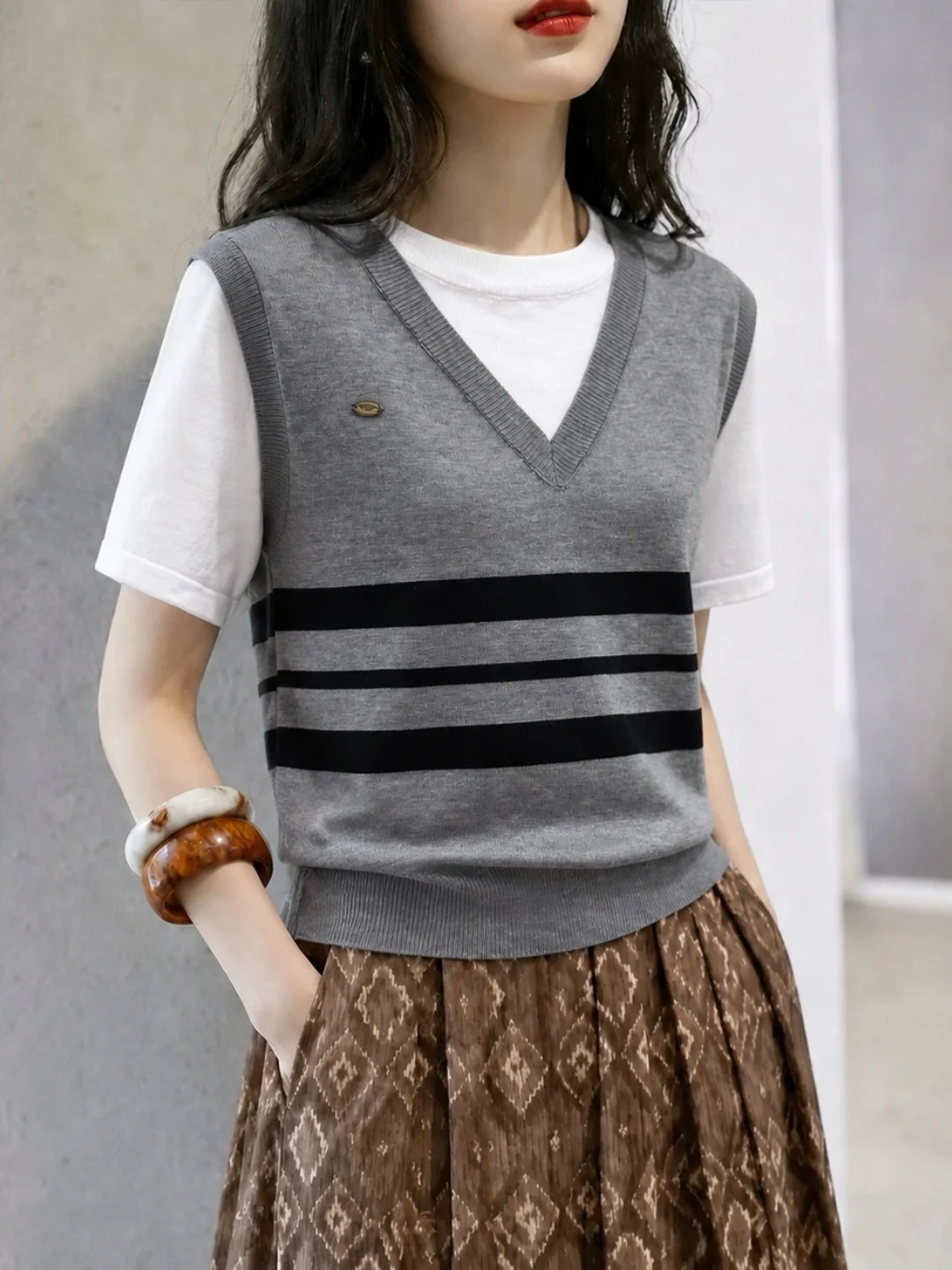 Color Block Knitwear Commute Style Women's Simple Versatile Basic Top Loose Fit Short Sleeve Korean Version Soft Material
