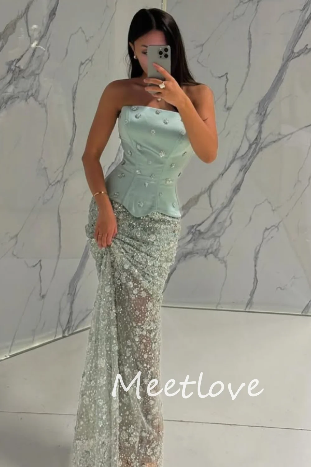 Meetlove 2024 Customized Women Sheath Strapless Sleeveless Tulle Beaded Prom Dress Evening Paty Gown Wedding Guest Dress