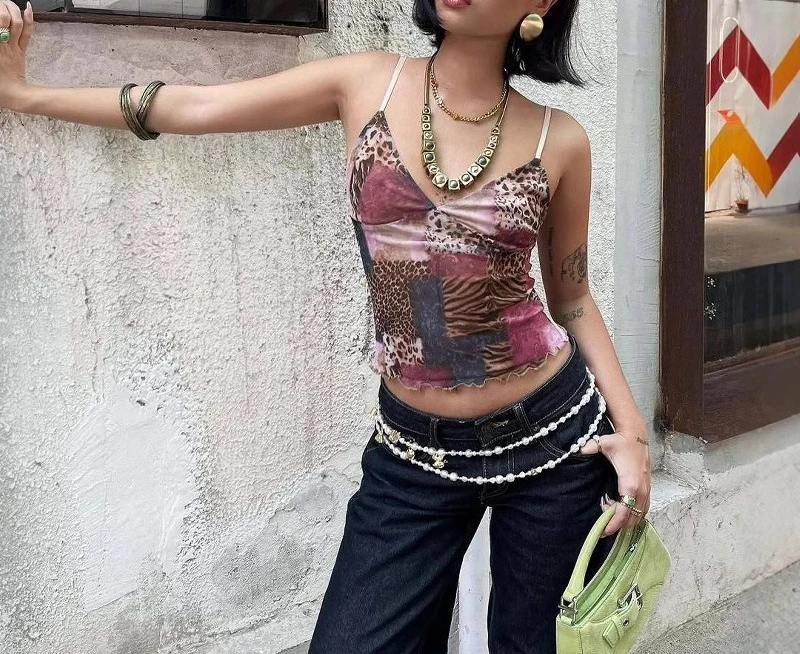 

2025 Summer New Color-blocked Spliced Plaid Fashion Sexy Spaghetti Strap Off-Shoulder Sleeveless V-neck Top
