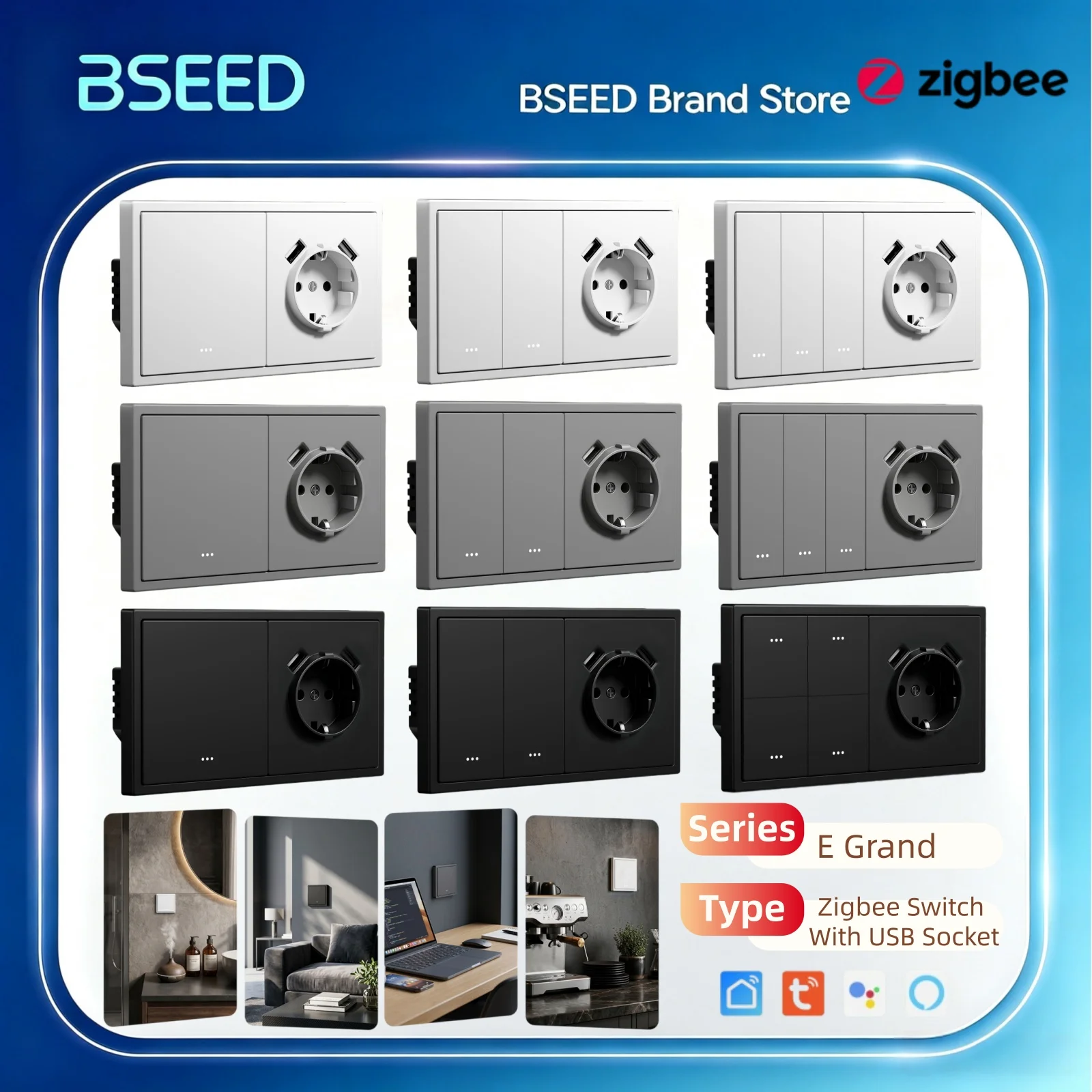 BSEED Zigbee Light Switch 1/2/3/4Gang Smart Button Switch With EU USB Socket Plastic Frame Tuya Smart Life Google Home Control
