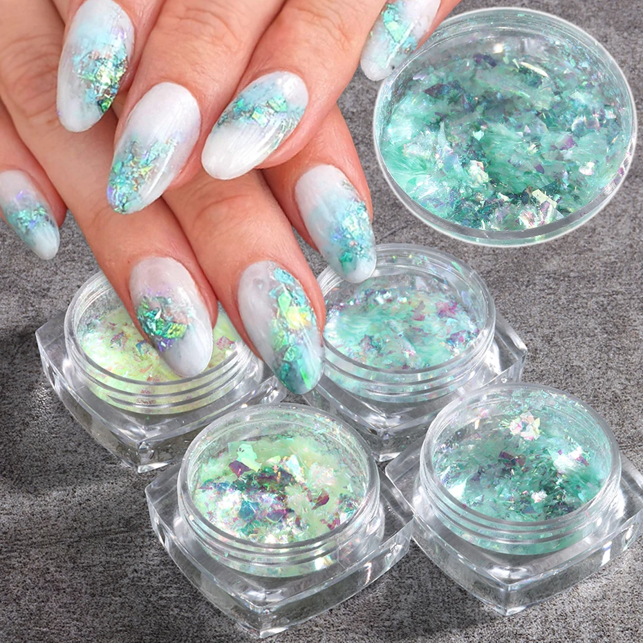 Aurora Opal Glitter Nails Art, Floco Ultra-fino, Lantejoulas Manicure Iridescente, Verde Menta, Pós Brilhantes, Decoração de Unhas, XY-OB, 1Jar