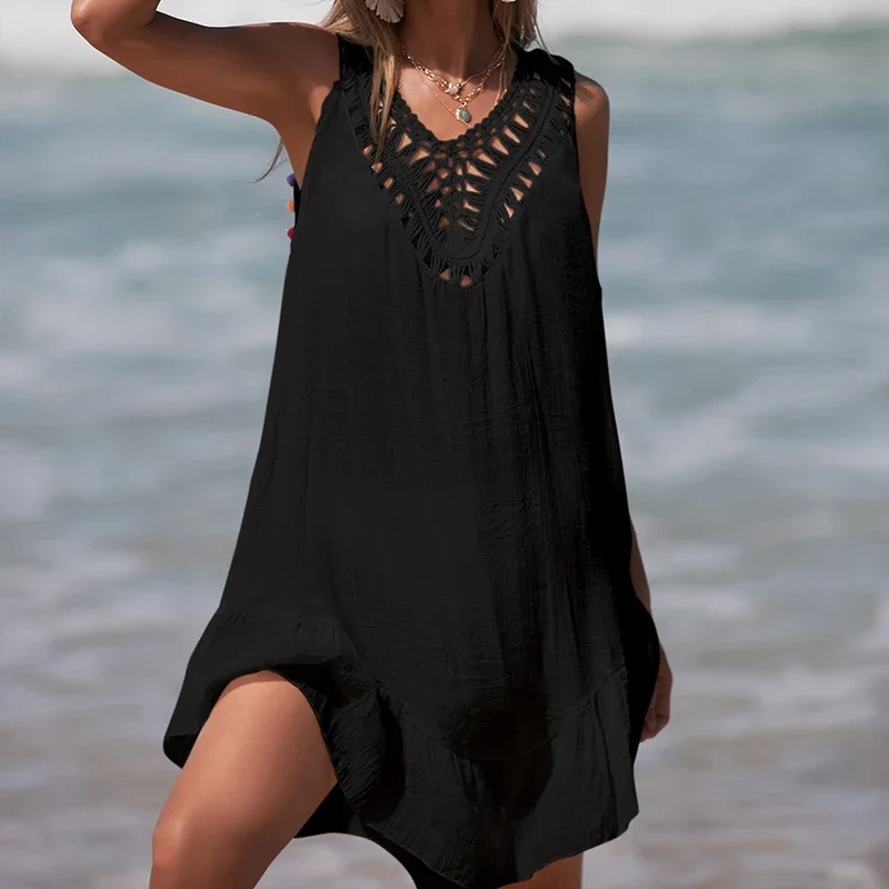 BluWin Women V-Neck Backless Hollow Out Short Dress Crochet Splicing Wooden Ear Dress With Colored Balls Beach Swimsuit Cover Up