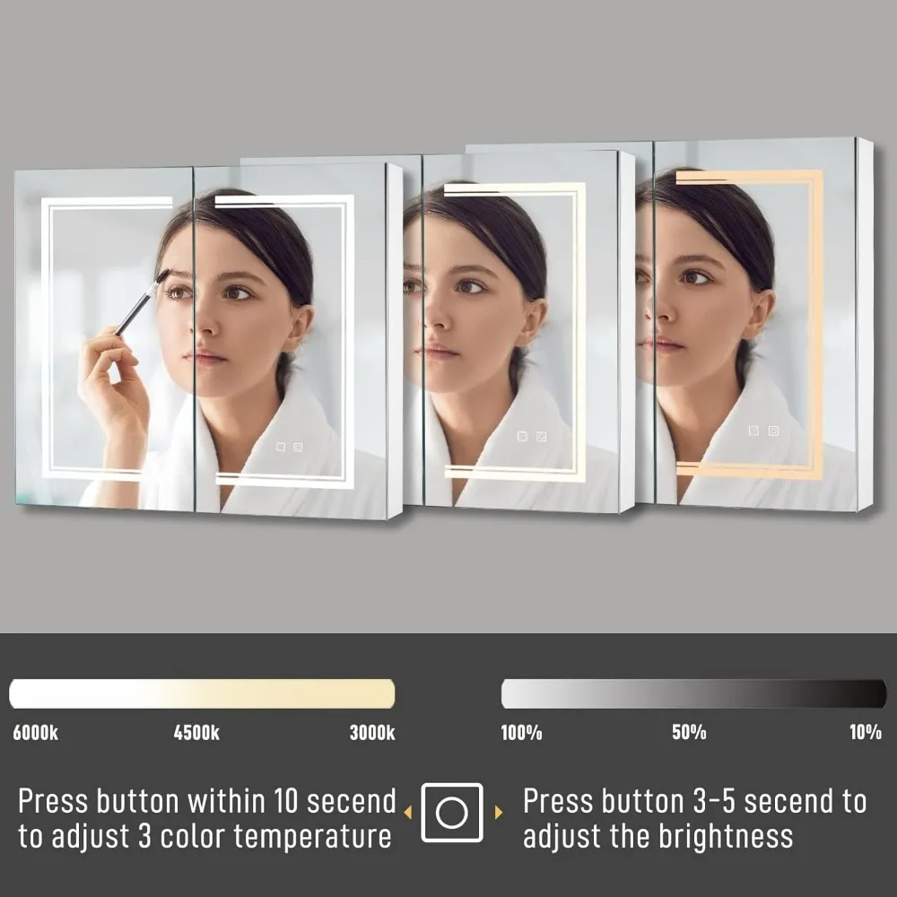 خزانة طبية LED ببابين من كارل هوم، مقاس 32 × 28 بوصة، خزانة حمام مثبتة على الحائط بثلاثة ألوان مع مساحة تخزين من 3 طبقات