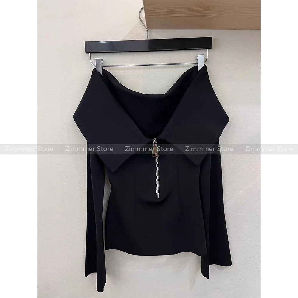 

High quality!24 early spring new niche black one neck strapless knit top slim zip design long sleeve knitwear